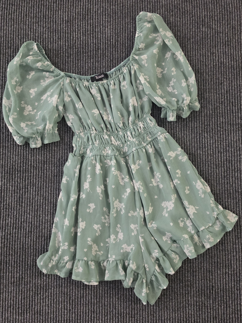 Trixxi Mint Green Floral Puff Sleeve Romper